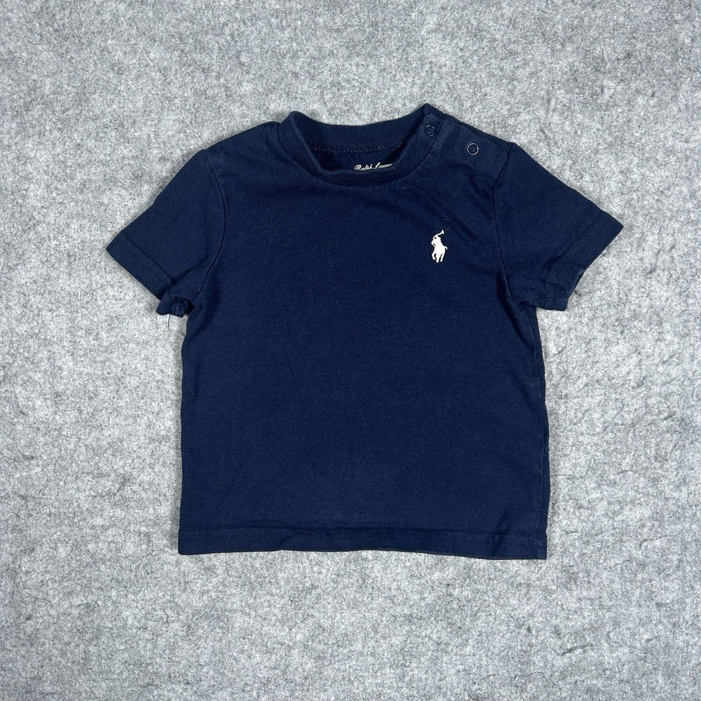 Ralph Lauren T Shirt Baby Boys Size 6M Navy Blue Short Sleeve Button White Pony